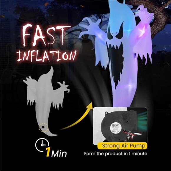 5FT Color Changing Halloween Inflatable Yard Decor - Hanging Ghost - Picture 3 of 7